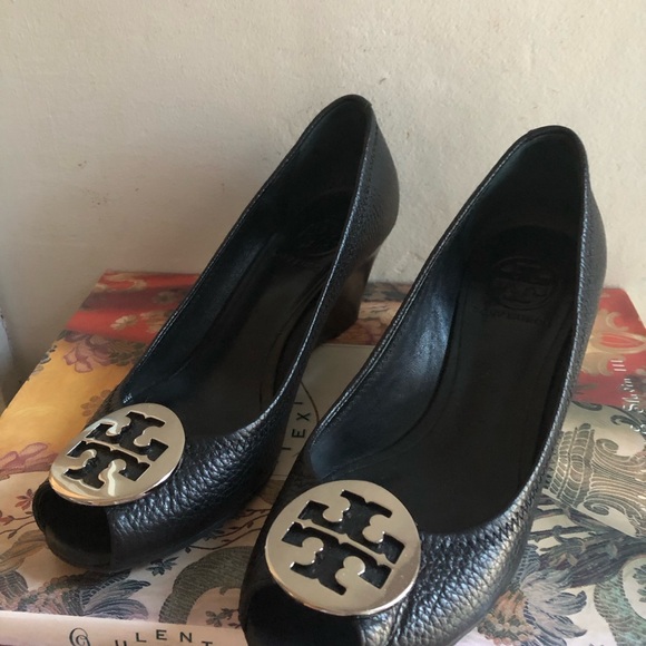 Tory Burch Shoes - Tory Burch Black Leather Women's Shoes wedges 6.5 peep toe / Iike new